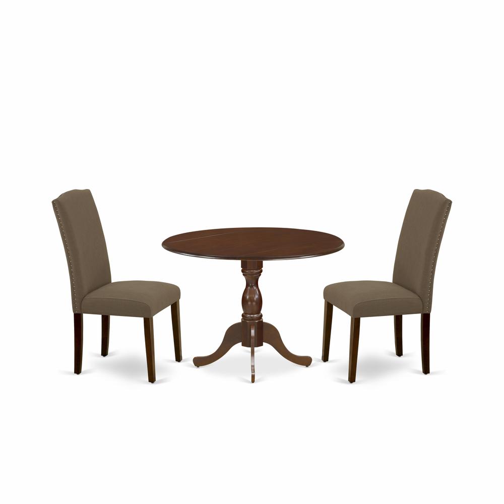 East West Furniture DMEN3-MAH-18 3 Piece Dining Room Set Includes 1 Drop Leaves Dining Table and 2 Dark Coffee Linen Fabric Upholstered Chair High Back with Nail Heads - Mahogany Finish. Picture 1