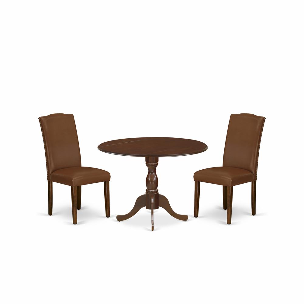 East West Furniture DMEN3-MAH-66 3 Piece Modern Dining Table Set Consists of 1 Drop Leaves Wooden Dining Table and 2 Brown Faux Leather Dining Chairs High Back with Nail Heads - Mahogany Finish. Picture 1