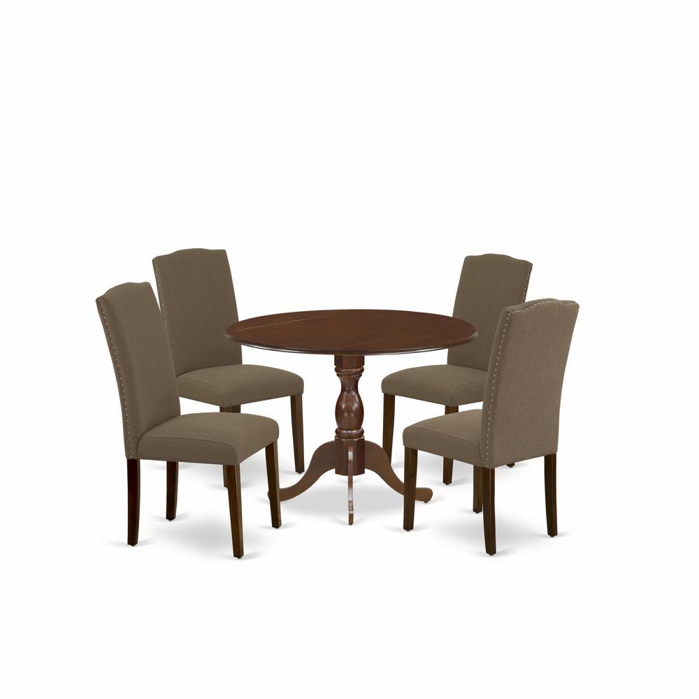 East West Furniture DMEN5-MAH-18 5 Piece Dining Table Set Consists of 1 Drop Leaves Wood Dining Table and 4 Dark Coffee Linen Fabric Upholstered Chair High Back with Nail Heads - Mahogany Finish. Picture 1
