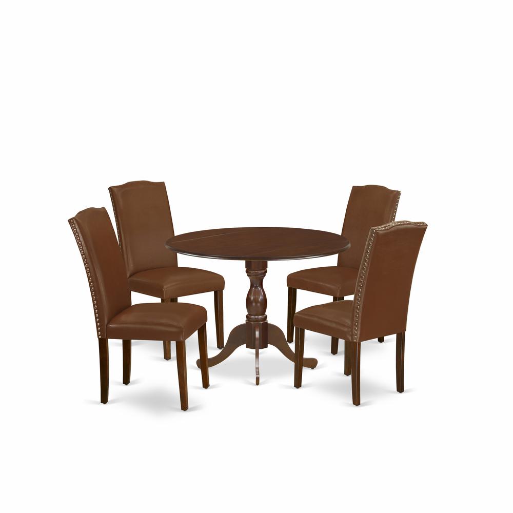 East West Furniture DMEN5-MAH-66 5 Piece Kitchen Table Set Consists of 1 Drop Leaves Dining Table and 4 Brown Faux Leather Dinning Chairs High Back with Nail Heads - Mahogany Finish. Picture 1