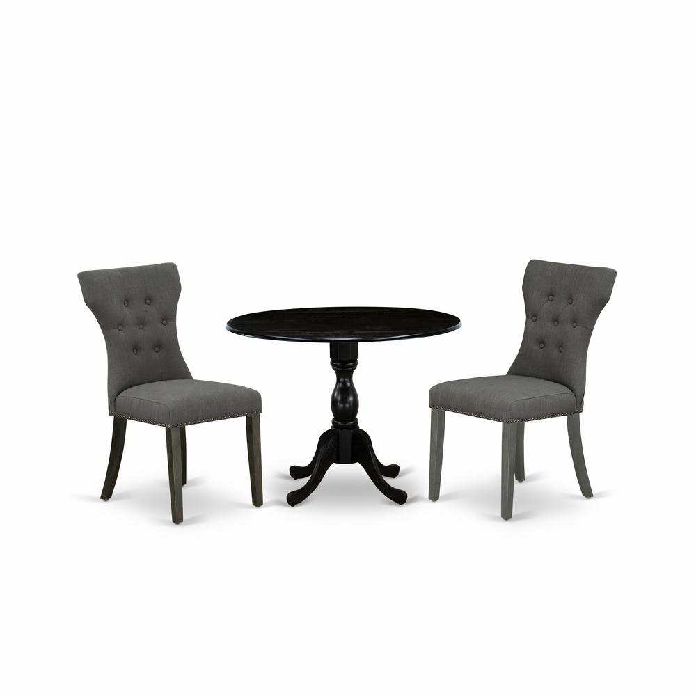 East West Furniture DMGA3-ABK-50 3 Piece Dining Set Contains 1 Drop Leaves Table and 2 Dark Gotham Grey Linen Fabric Dining Chairs Button Tufted Back with Nail Heads - Wire Brushed Black Finish. Picture 1