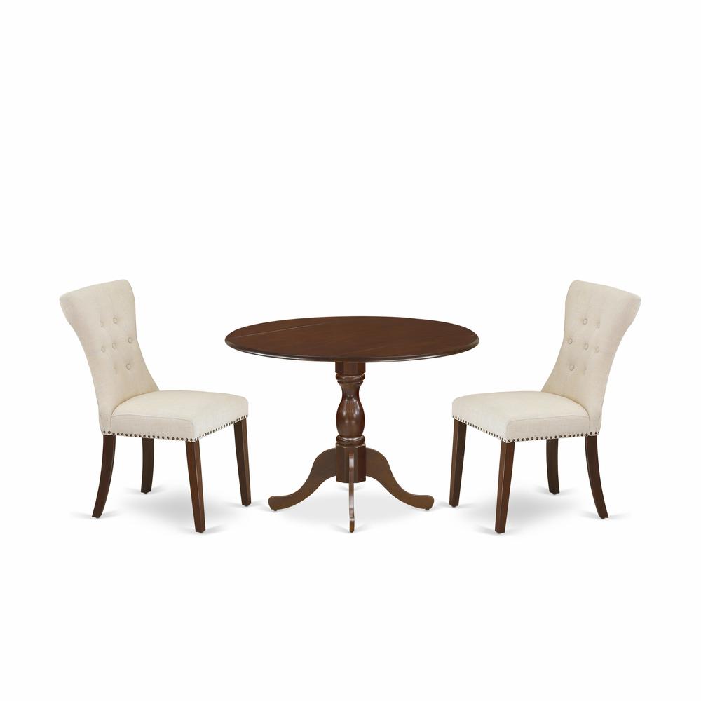 East West Furniture DMGA3-MAH-32 3 Piece Modern Dining Table Set - Mahogany Dinning Table and 2 Light Tan Linen Fabric Upholstered Dining Chairs Button Tufted Back with Nail Heads - Mahogany Finish. The main picture.
