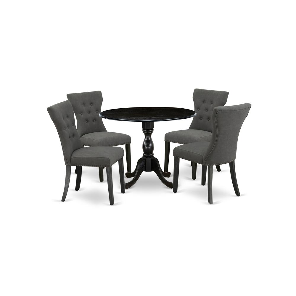 East West Furniture DMGA5-ABK-50 5 Pc Dining Set Includes 1 Drop Leaves Table and 4 Dark Gotham Grey Linen Fabric Dining Chair Button Tufted Back with Nail Heads - Wire Brushed Black Finish. Picture 1