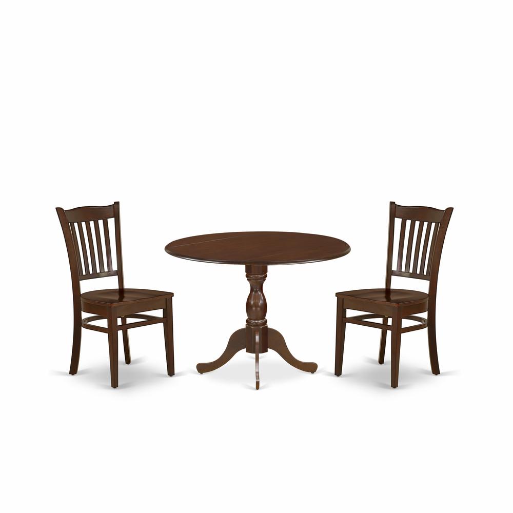 East West Furniture DMGR3-MAH-W 3 Piece Dining Room Table Set - Mahogany Small Dining Room Table and 2 Wooden Dining Chairs with Slatted Back - Mahogany Finish. Picture 1