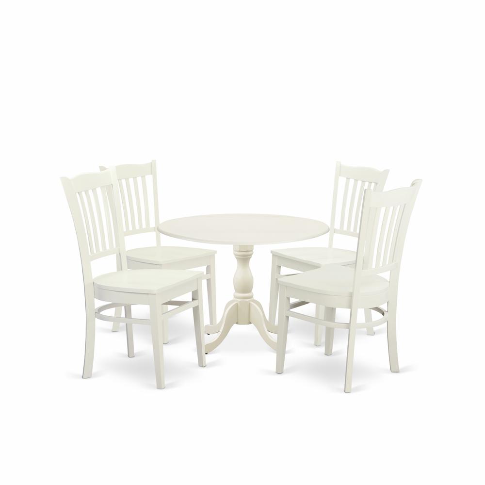 East West Furniture DMGR5-LWH-W 5 Piece Dining Table Set Contains 1 Drop Leaves Dining Table and 4 Black Dinning Chairs with Slatted Back - Linen White Finish. Picture 1