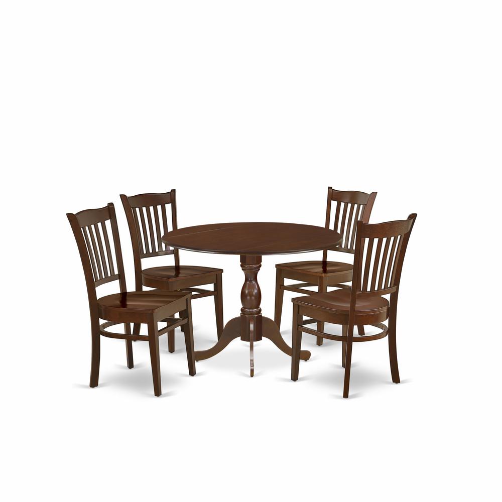 East West Furniture DMGR5-MAH-W 5 Piece Dropleaf Kitchen Dining Table Set - Mahogany Small Kitchen Table and 4 Dining Room Chairs with Slatted Back - Mahogany Finish. Picture 1