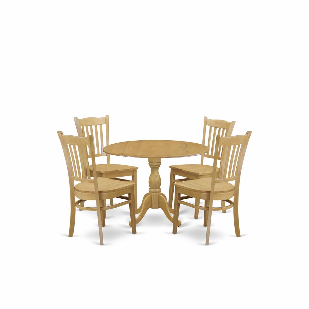 East West Furniture DMGR5-OAK-W 5 Piece Table and Chairs Dining Set - Oak Wood Dining Table and 4 Oak Wooden Dining Chairs with Slatted Back - Oak Finish. Picture 1