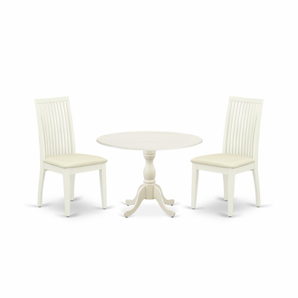East West Furniture DMIP3-LWH-C 3 Piece Dining Room Table Set Contains 1 Drop Leaves Dining Room Table and 2 Linen White Dining Room Chairs with Slatted Back - Linen White Finish. Picture 1