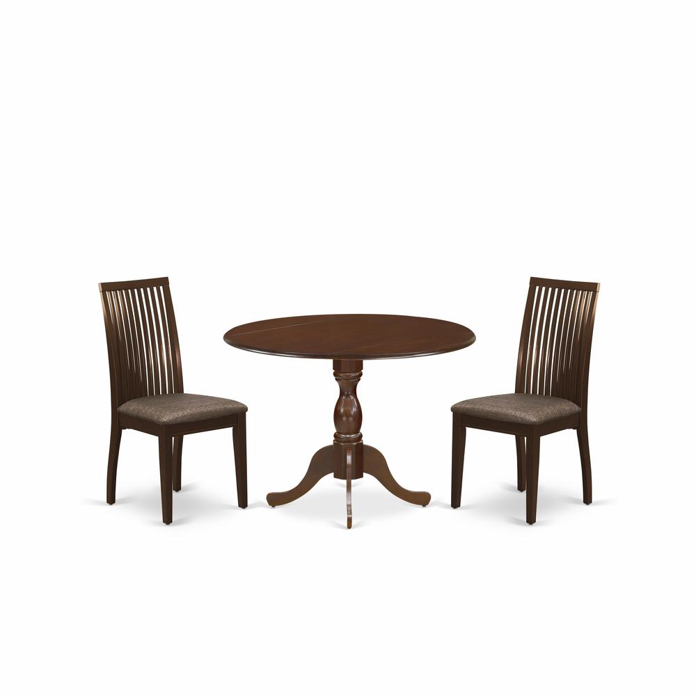 East West Furniture DMIP3-MAH-C 3 Piece Dining Room Table Set - Kitchen Table and 2 Mahogany Linen Fabric Dining Room Chairs with Slatted Back- Mahogany Finish. Picture 1