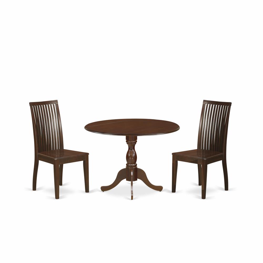 East West Furniture DMIP3-MAH-W 3 Piece Dropleaf Dining Table Set - Mahogany Wood Table and 2 Mahogany Kitchen Table Chairs with Slatted Back - Mahogany Finish. Picture 1