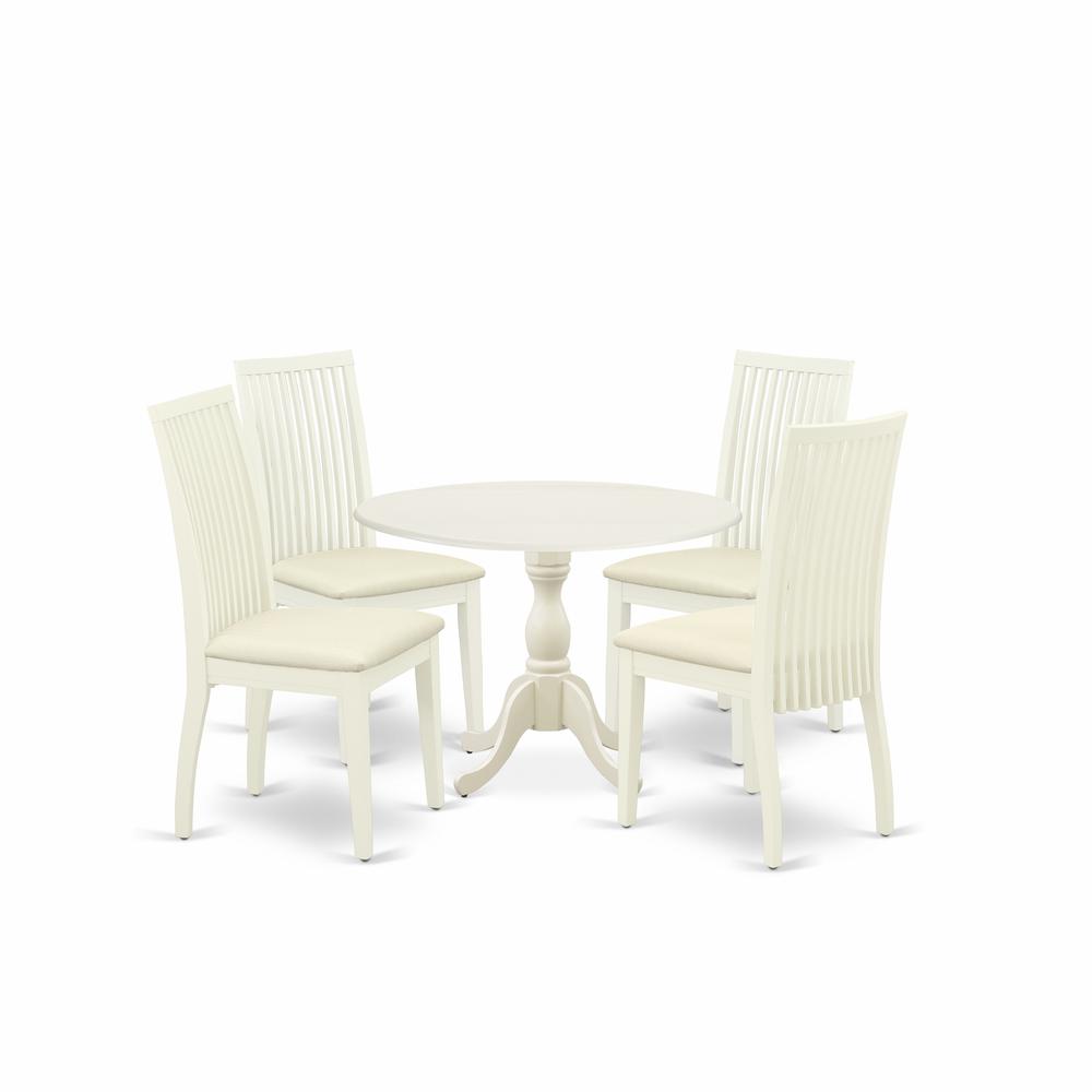 East West Furniture DMIP5-LWH-C 5 Piece Dining Room Set Contains 1 Drop Leaves Dining Table and 4 Linen White Mid Century Chair with Slatted Back - Linen White Finish. Picture 1
