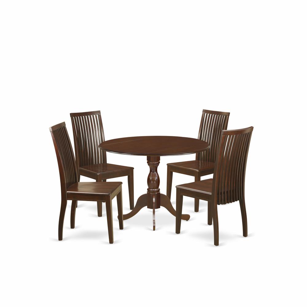 East West Furniture DMIP5-MAH-W 5 Piece Dining Room Table Set - Mahogany Dropleaf Dinner Table and 4 Mahogany Dining Chairs with Slatted Back - Mahogany Finish. Picture 1