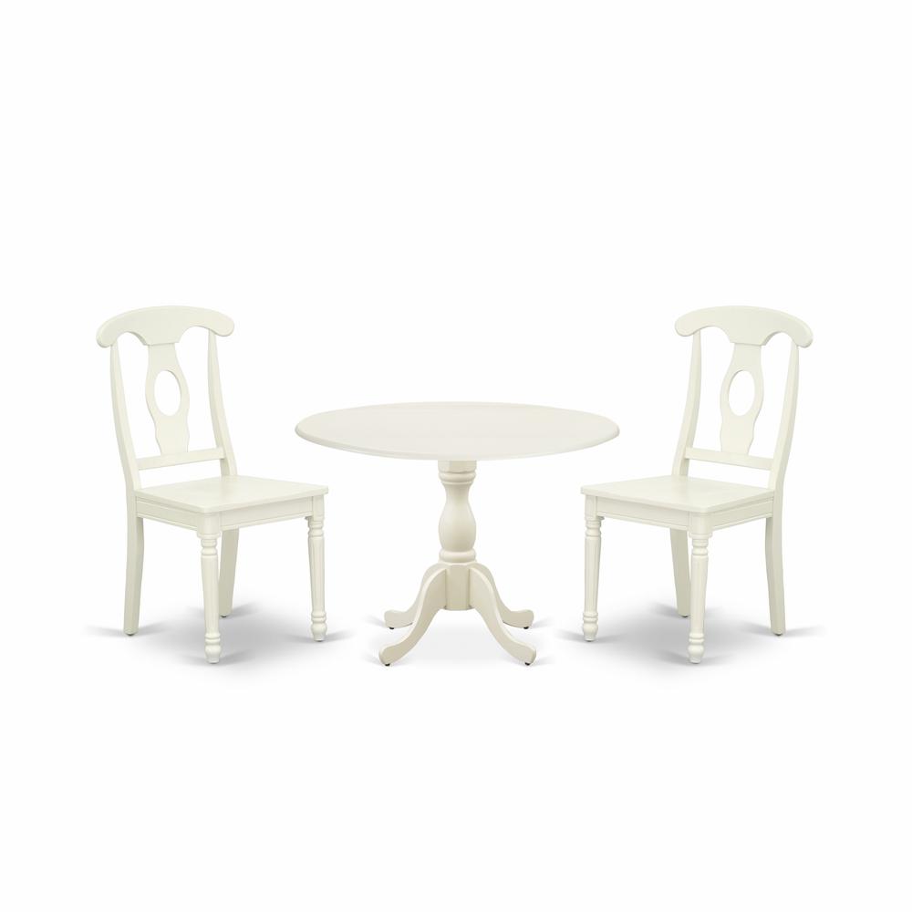 East West Furniture DMKE3-LWH-W 3 Piece Dinette Set Contains 1 Drop Leaves Wooden Dining Table and 2 Linen White Mid Century Dining Chairs with Napoleon Back - Linen White Finish. Picture 1