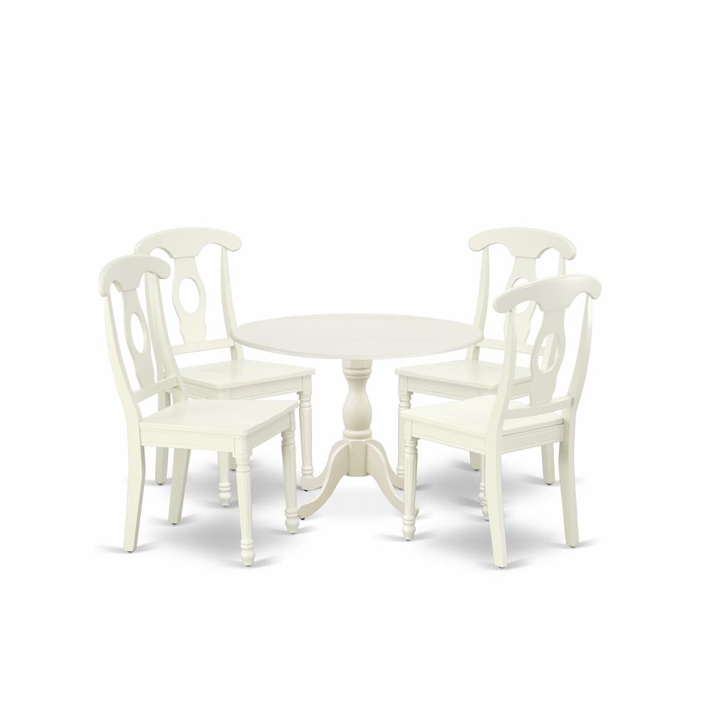 East West Furniture DMKE5-LWH-W 5 Piece Dining Set Consists of 1 Drop Leaves Dining Room Table and 4 Linen White Dining Room Chairs with Napoleon Back - Linen White Finish. Picture 1