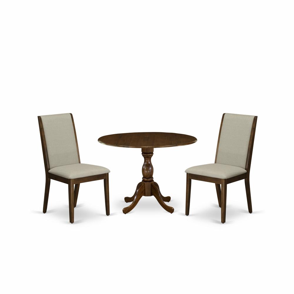 East West Furniture DMLA3-AWA-05 3 Piece Modern Dining Table Set Contains 1 Drop Leaves Dining Room Table and 2 Grey Linen Fabric Upholstered Chair with High Back - Acacia Walnut Finish. Picture 1