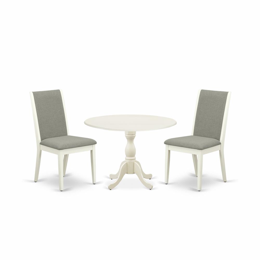 East West Furniture DMLA3-LWH-06 3 Piece Wooden Dining Table Set Includes 1 Drop Leaves Dining Table and 2 Shitake Linen Fabric Upholstered Dining Chair with High Back - Linen White Finish. Picture 1