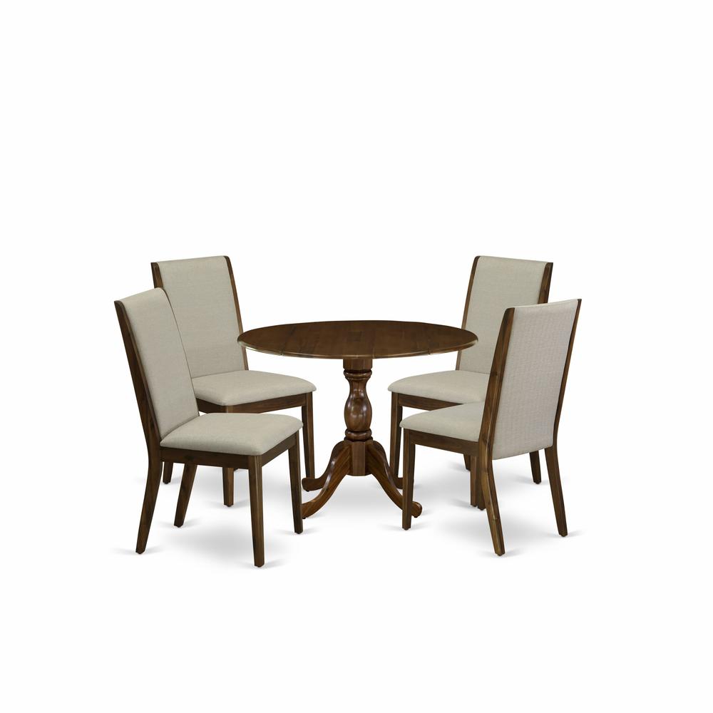 East West Furniture 5 Piece Modern Dining Table Set Includes 1 Drop Leaves Dining Table and 4 Grey Linen Fabric Parsons Chair with High Back - Acacia Walnut Finish. Picture 2
