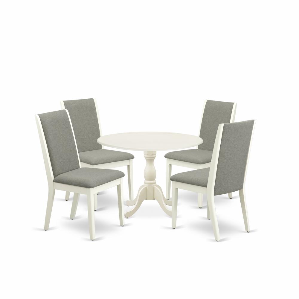 East West Furniture DMLA5-LWH-06 5 Piece Dining Table Set Consists of 1 Drop Leaves Dining Table and 4 Shitake Linen Fabric Dining Room Chairs with High Back - Linen White Finish. Picture 1