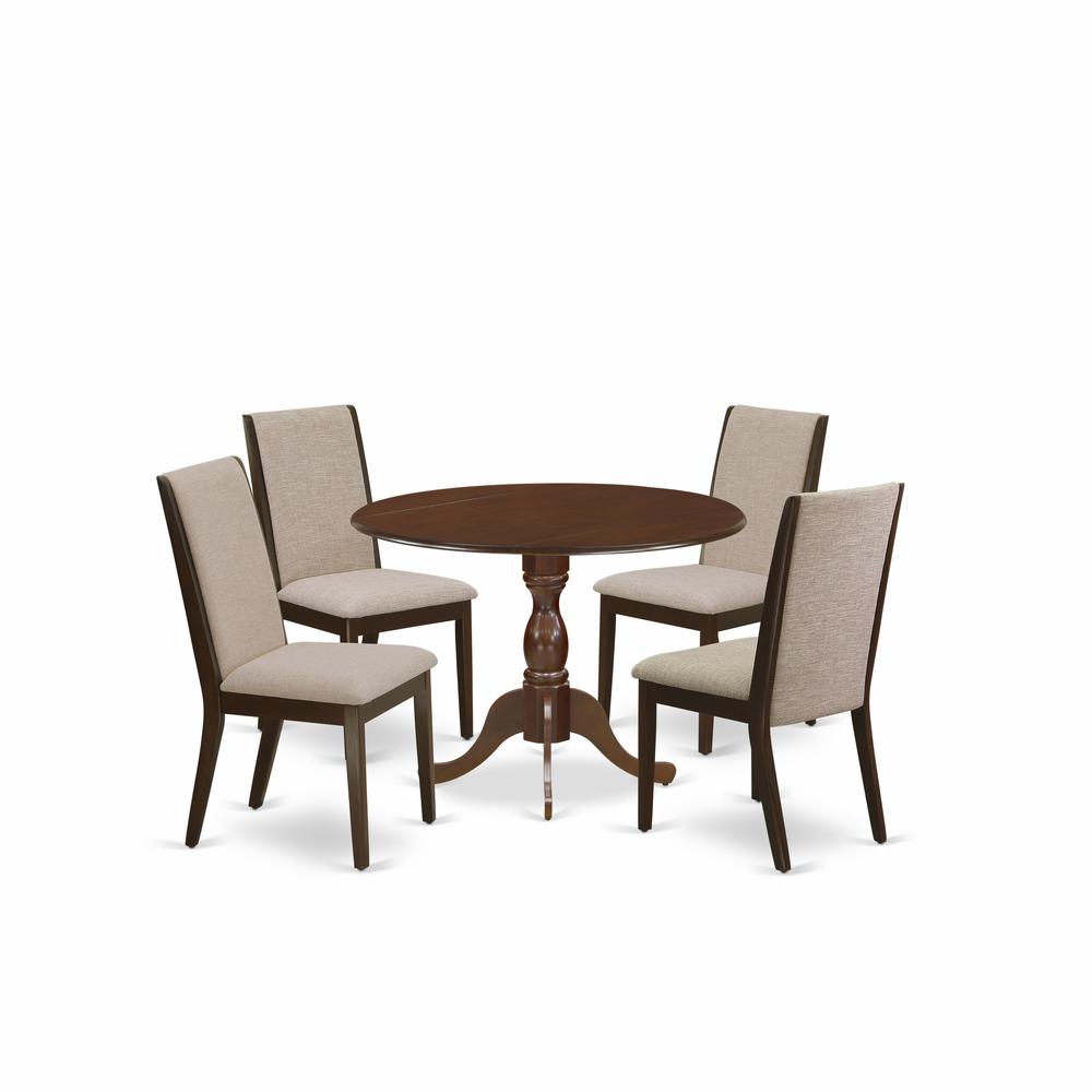 East West Furniture DMLA5-MAH-04 5 Piece Dining Table Set - Mahogany Wood Table and 4 Light Tan Linen Fabric Upholstered Dining Chairs with High Back - Mahogany Finish. Picture 1
