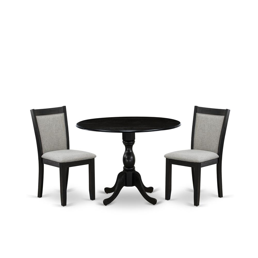 East West Furniture 3-Piece Dining Room Set Includes a Modern Dining Room Table with Drop Leaves and 2 Shitake Linen Fabric Parson Chairs - Wire Brushed Black Finish. Picture 2