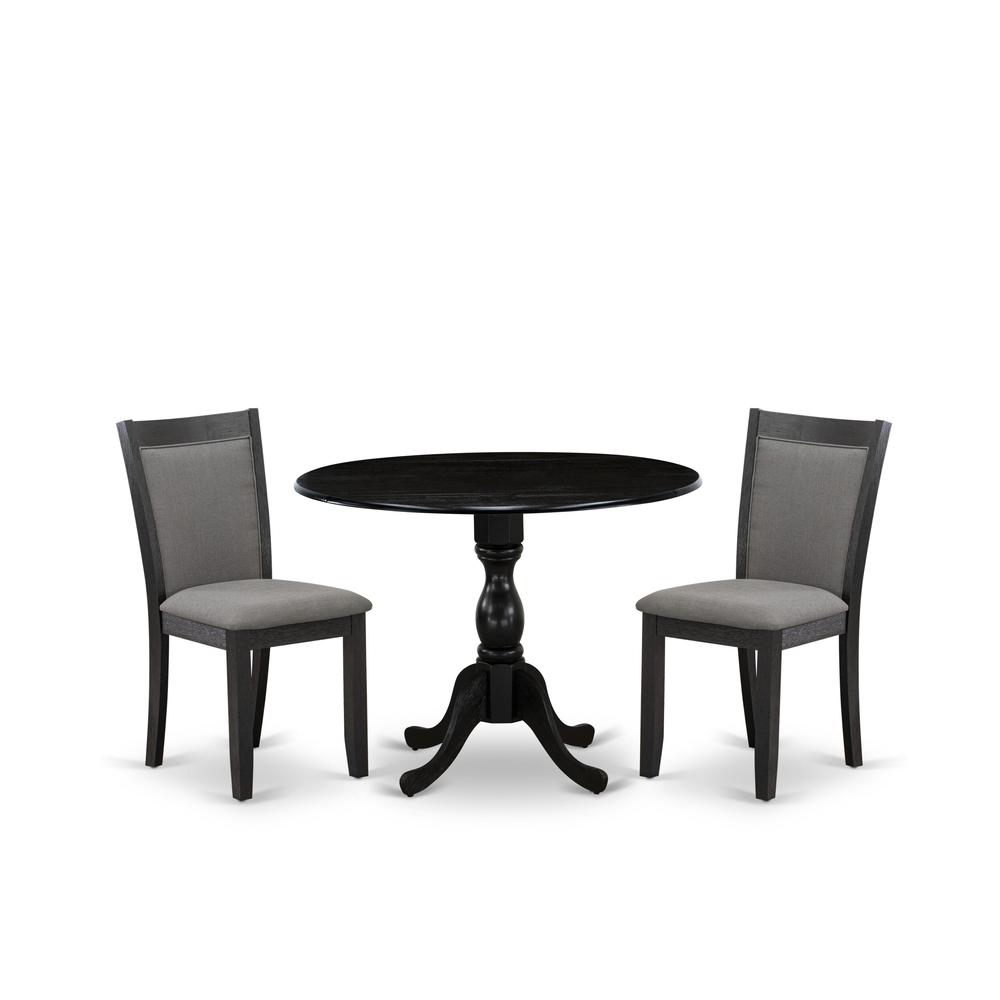 East West Furniture 3-Pc Dinette Set Includes a Wood Dining Table with Drop Leaves and 2 Dark Gotham Grey Linen Fabric Kitchen Chairs - Wire Brushed Black Finish. Picture 2