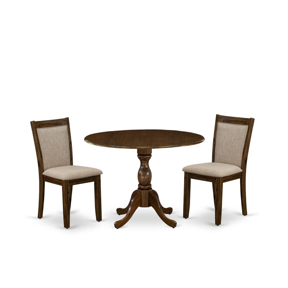 East West Furniture 3-Piece Dining Room Set Includes a Wood Table with Drop Leaves and 2 Light Tan Linen Fabric Upholstered Chairs - Sand Blasting Antique Walnut Finish. Picture 2