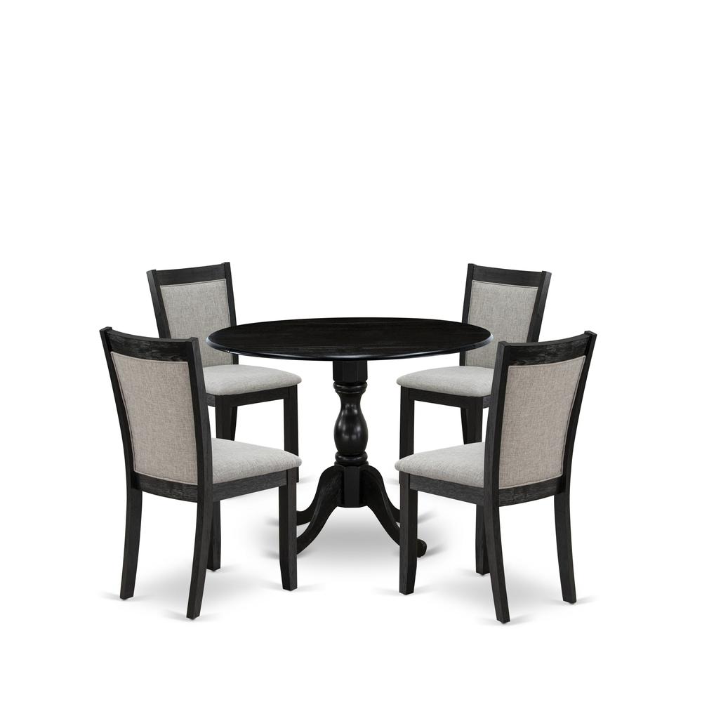 East West Furniture 5-Piece Modern Dining Set Consists of a Pedestal Table with Drop Leaves and 4 Shitake Linen Fabric Kitchen Chairs - Wire Brushed Black Finish. Picture 2