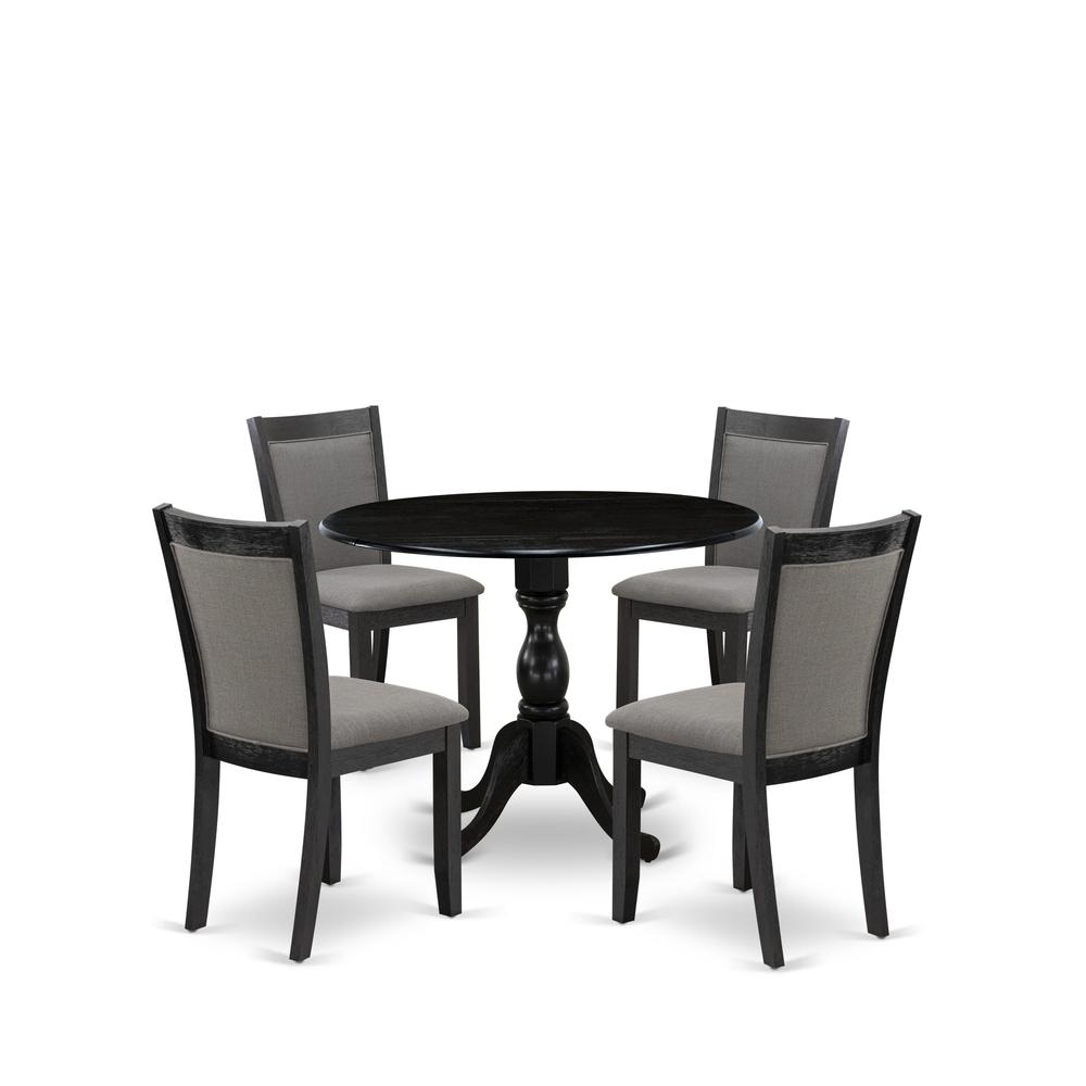 East West Furniture 5-Pc Kitchen Dining Set Consists of a Dinner Table with Drop Leaves and 4 Dark Gotham Grey Linen Fabric Upholstered Chairs - Wire Brushed Black Finish. Picture 2