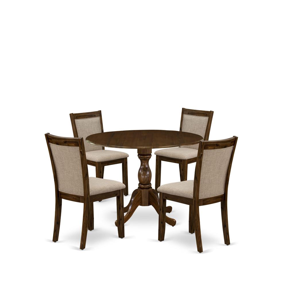 East West Furniture 5-Pc Kitchen Table Set Includes a Wood Dining Table with Drop Leaves and 4 Light Tan Linen Fabric Parson Chairs - Sand Blasting Antique Walnut Finish. Picture 2