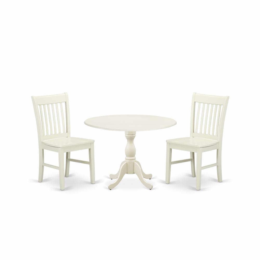 East West Furniture DMNF3-LWH-W 3 Piece Dining Table Set Consists of 1 Drop Leaves Dining Room Table and 2 Linen White Mid Century Chair with Slatted Back - Linen White Finish. Picture 1