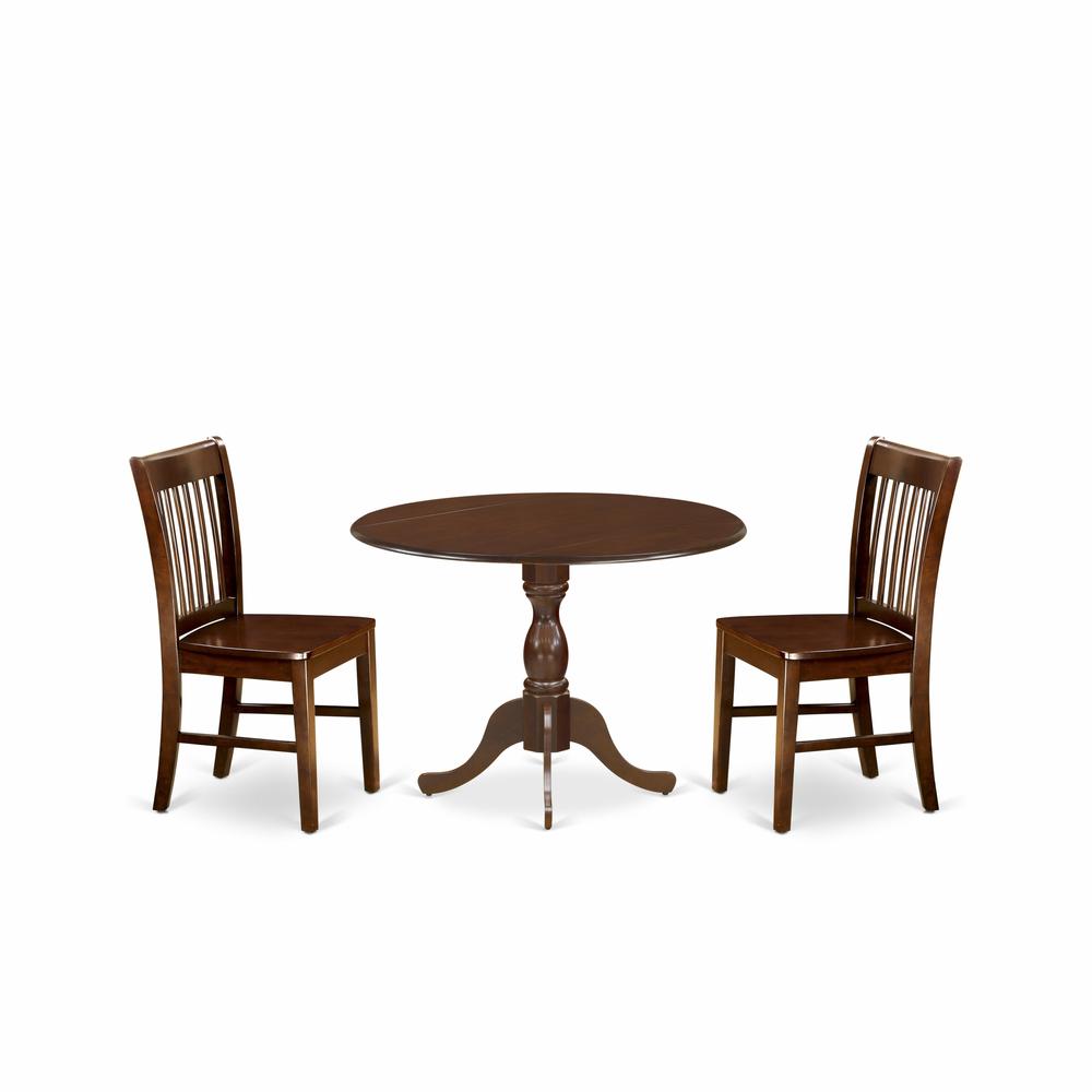 East West Furniture DMNF3-MAH-W 3 Pc Kitchen Dining Table Set - Mahogany Dropleaf Dining Table and 2 Mahogany Kitchen Chairs with Slatted Back - Mahogany Finish. Picture 1