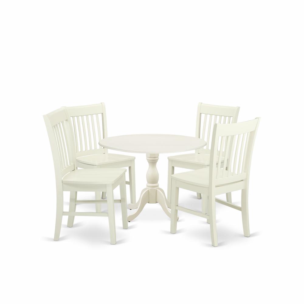 East West Furniture DMNF5-LWH-W 5 Piece Dinette Sets Includes 1 Drop Leaves Modern Kitchen Table and 4 Linen White Mid Century Dining Chairs with Slatted Back - Linen White Finish. Picture 1