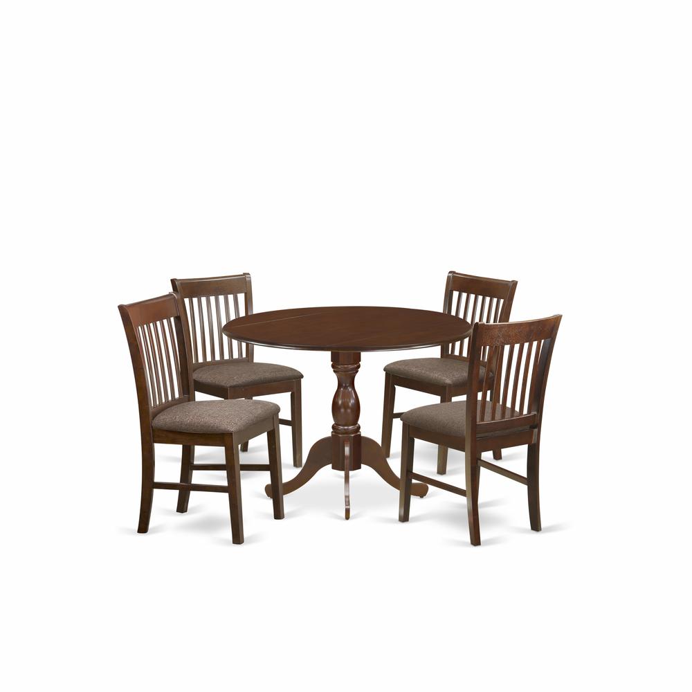 East West Furniture DMNF5-MAH-C 5 Piece Dining Room Table Set - Mahogany Modern Dining Table with 4 Mahogany Linen Fabric Kitchen Chairs with Slatted Back - Mahogany Finish. Picture 1