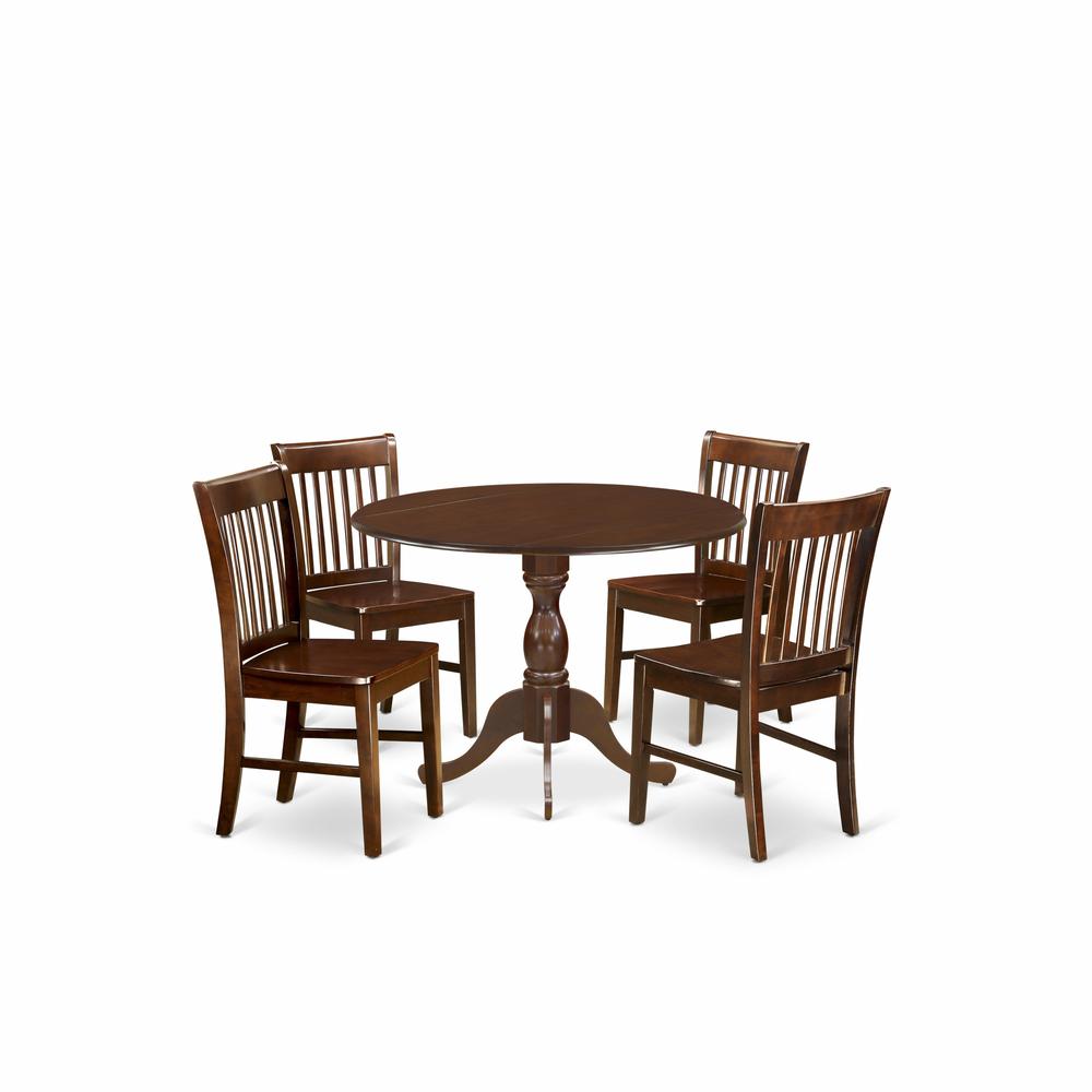 East West Furniture DMNF5-MAH-W 5 Pc Dining Room Table Set - Mahogany Dropleaf Dining Table and 4 Mahogany Dining Chairs with Slatted Back - Mahogany Finish. Picture 1