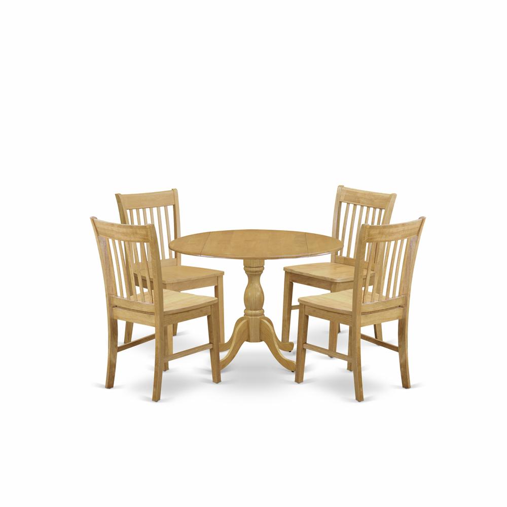 East West Furniture DMNF5-OAK-W 5 Piece Dining Room Set - Oak Mid Century Modern Kitchen Table and 4 Oak Kitchen Chairs with Slatted Back - Oak Finish. Picture 1
