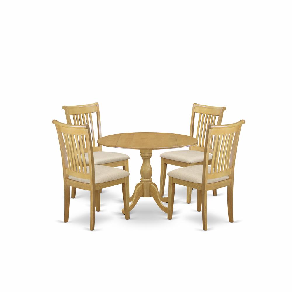 East West Furniture DMPO5-OAK-C 5 Piece Dining Table Set - Oak Wood Table and 4 Oak Linen Fabric Kitchen & Dining Room Chairs with Slatted Back - Oak Finish. Picture 1