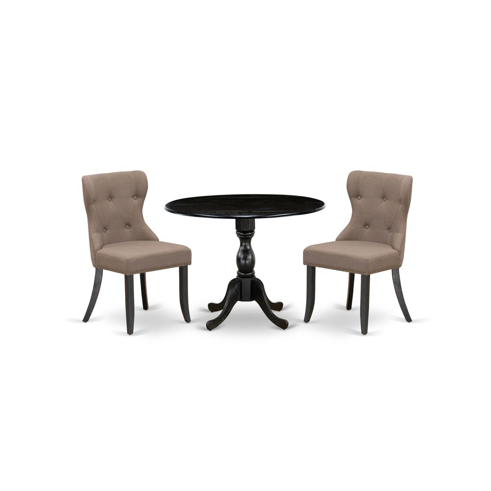 East West Furniture DMSI3-ABK-48 3 Piece Dining Set Consists of 1 Drop Leaves Dining Table and 2 Coffee Linen Fabric Dining Chair Button Tufted Back with Nail Heads - Wire Brushed Black Finish. Picture 1