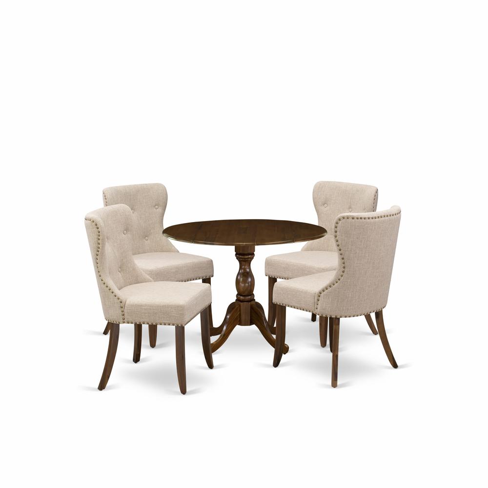 East West Furniture 5 Piece Dining Table Set Consists of 1 Drop Leaves Dining Table and 4 Light Tan Linen Fabric Kitchen Chairs Button Tufted Back with Nail Heads - Acacia Walnut Finish. Picture 2