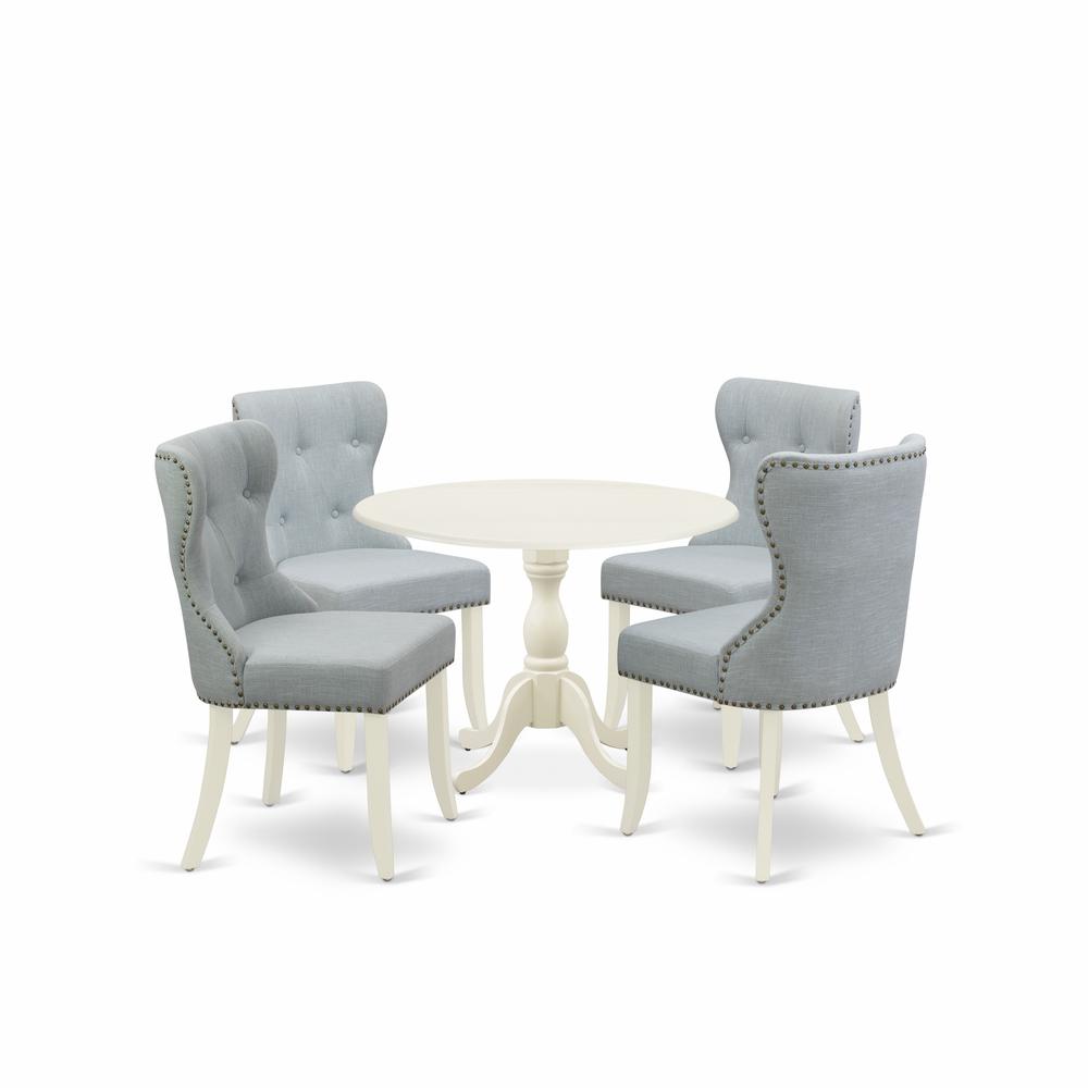 East West Furniture DMSI5-LWH-15 5 Piece Dining Set Consists of 1 Drop Leaves Dining Table and 4 Baby Blue Linen Fabric Parson Dining Chairs Button Tufted Back with Nail Heads - Linen White Finish. Picture 1