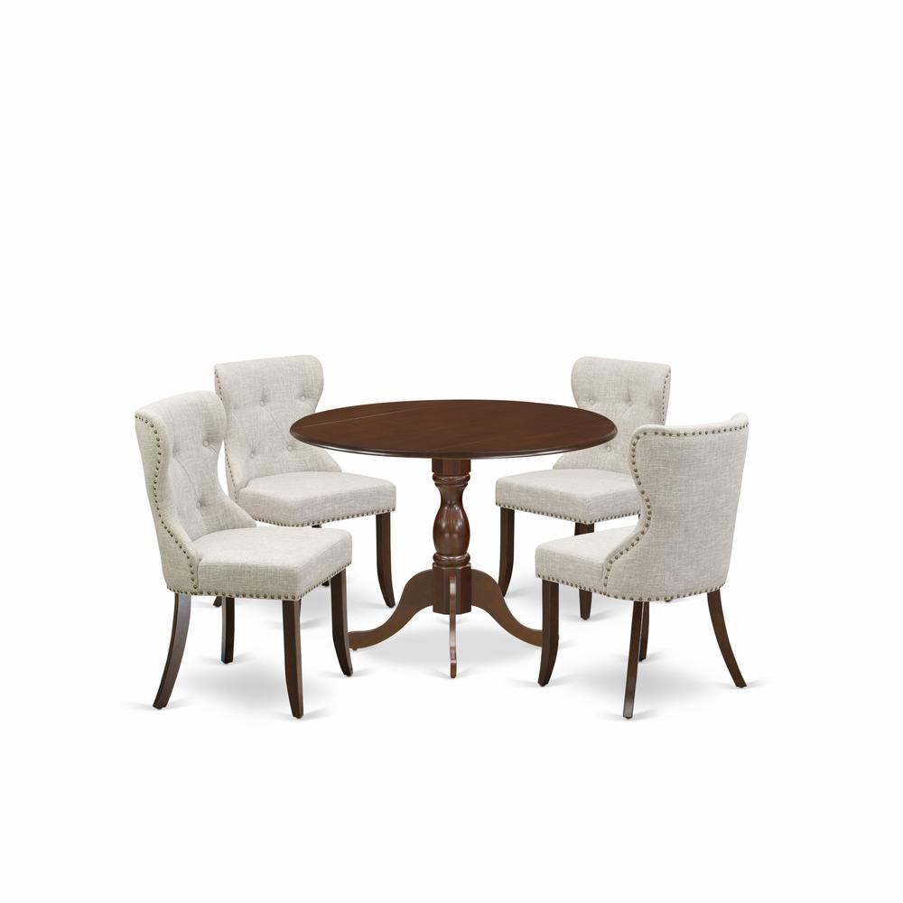 East West Furniture DMSI5-MAH-35 5 Piece Kitchen Dining Table Set - Mahogany Small Dining Table and 4 Doeskin Linen Fabric Dining Chairs Button Tufted Back with Nail Heads - Mahogany Finish. Picture 1