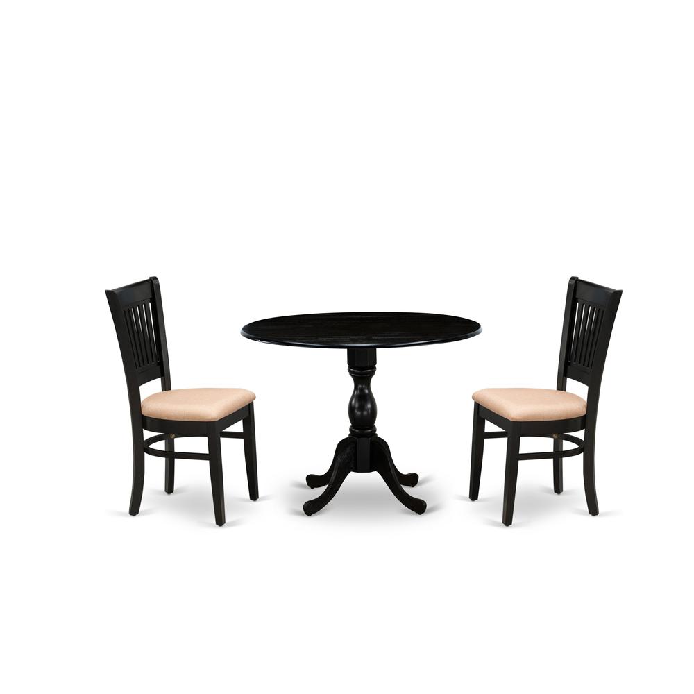 East West Furniture - DMVA3-BLK-C - 3-Pc Dining Room Table Set- 2 Dining Chairs with Linen Fabric Seat and Slatted Chair Back - Drop Leaves Dining Table - Black Finish. Picture 1