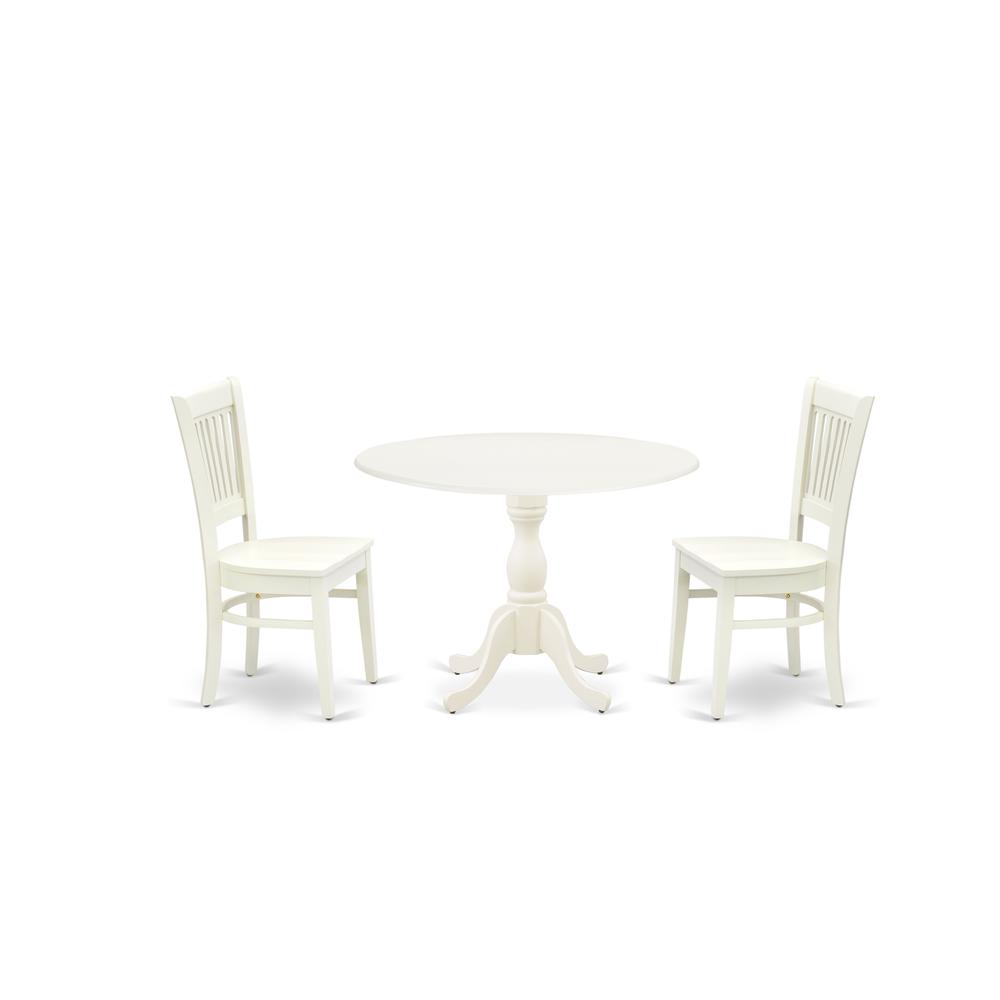East West Furniture - DMVA3-LWH-W - 3-Pc Dining Room Table Set- 2 Wooden Chairs with Wooden Seat and Slatted Chair Back - Drop Leaves Kitchen Table - Linen White Finish. Picture 1