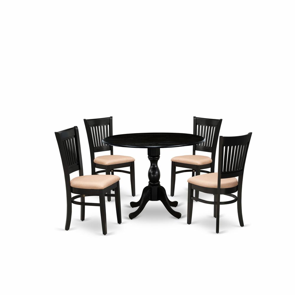 East West Furniture - DMVA5-BLK-C - 5-Piece Kitchen Dining Room Set- 4 Wood Chair with Linen Fabric Seat and Slatted Chair Back - Drop Leaves Kitchen Dining Table - Black Finish. Picture 1