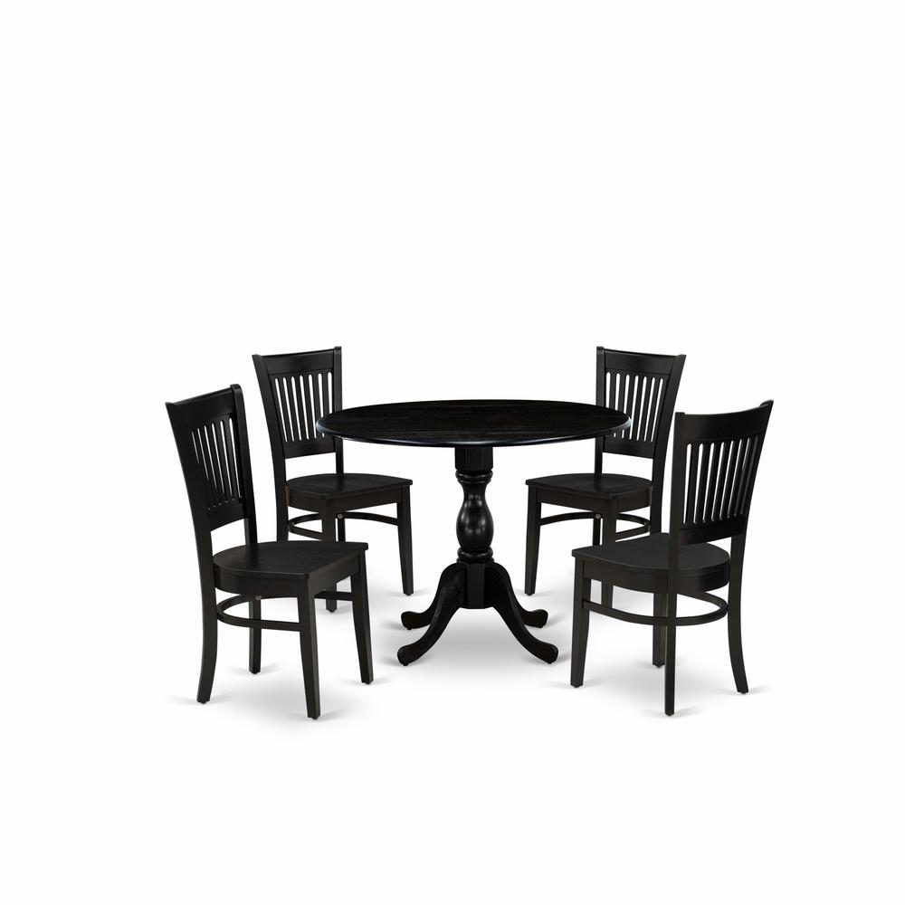 East West Furniture - DMVA5-BLK-W - 5-Piece Kitchen Dining Set- 4 Wooden Chair with Wooden Seat and Slatted Chair Back - Drop Leaves Round Dining Table - Black Finish. Picture 1