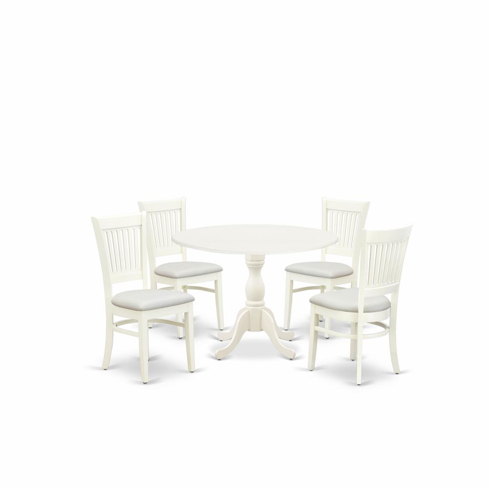 East West Furniture - DMVA5-LWH-C - 5-Piece Dining Room Table Set- 4 Dining Room Chair with Linen Fabric Seat and Slatted Chair Back - Drop Leaves Round Table - Linen White Finish. Picture 1