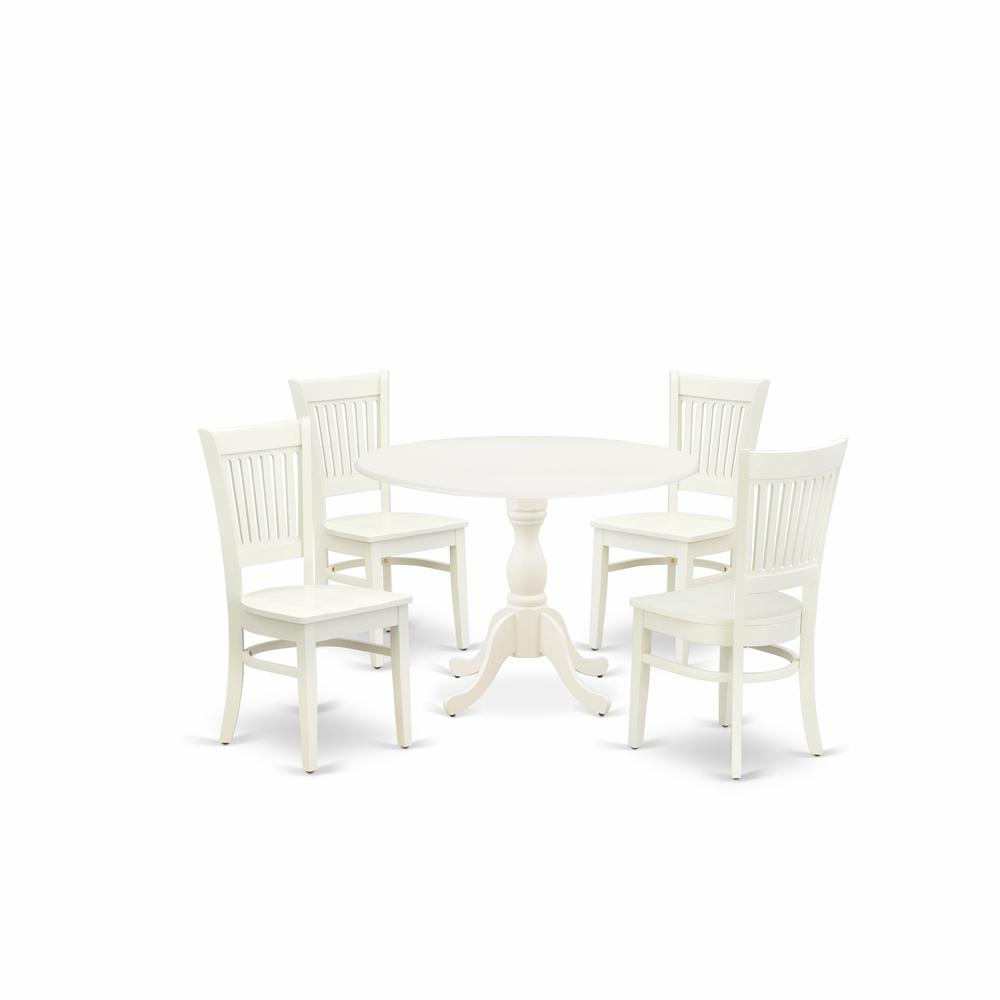 East West Furniture - DMVA5-LWH-W - 5-Pc Kitchen Dining Room Set- 4 Mid Century Chair with Wooden Seat and Slatted Chair Back - Drop Leaves Round Table - Linen White Finish. Picture 1
