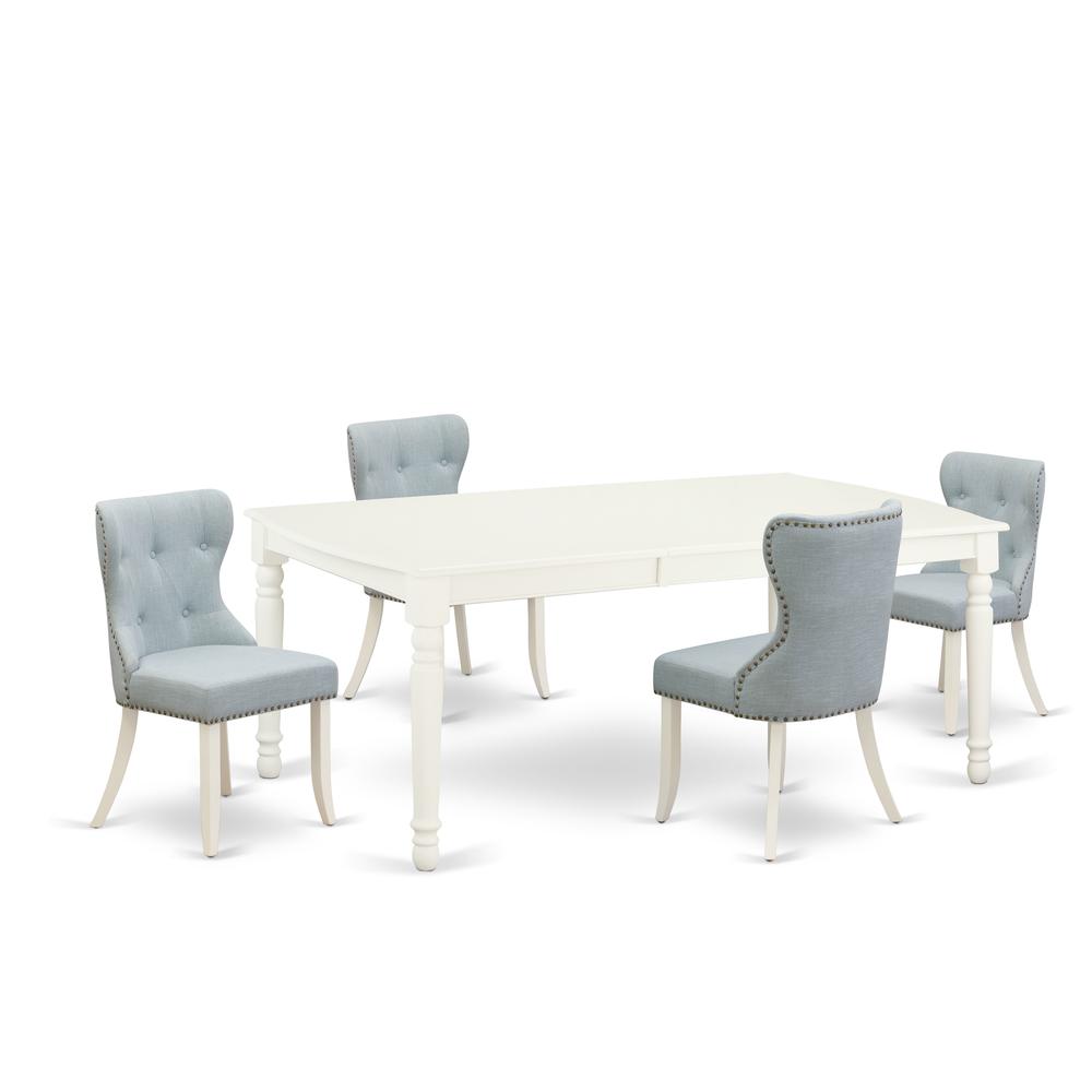 East-West Furniture DOSI5-LWH-15 - A dining table set of 4 fantastic kitchen chairs with Linen Fabric Baby Blue color and a fantastic 18 butterfly rectangle dining room table with Linen White color". Picture 1