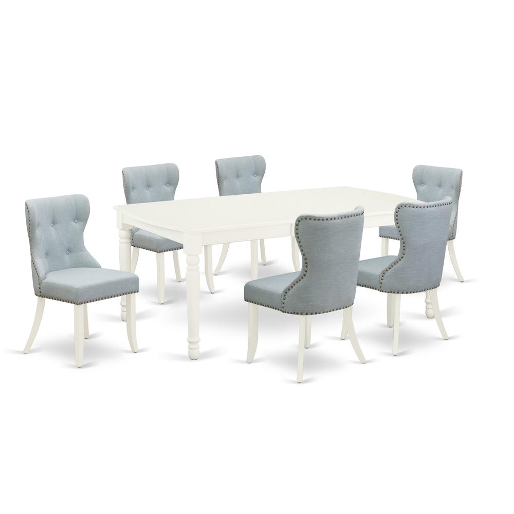 East-West Furniture DOSI7-LWH-15 - A dining room table set of 6 excellent dining chairs with Linen Fabric Baby Blue color and an attractive 18 butterfly rectangle dining table with Linen White color". Picture 1