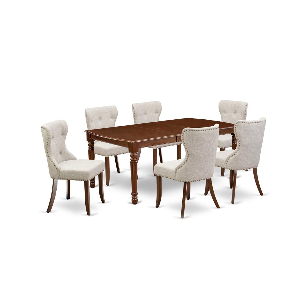 East-West Furniture DOSI7-MAH-35 - A wooden dining table set of 6 fantastic parson dining chairs using Linen Fabric Doeskin color and a lovely wooden dining table in Mahogany Finish. Picture 1