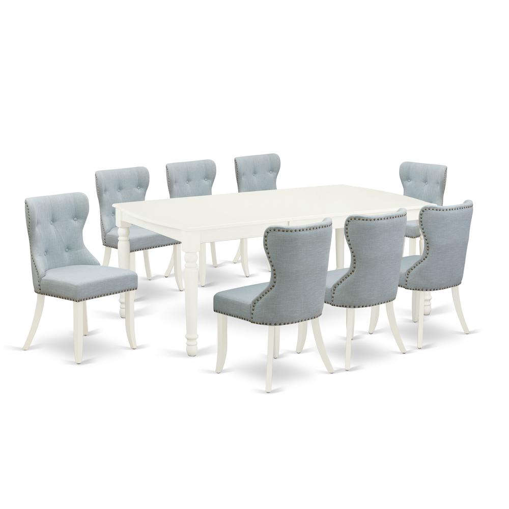 East-West Furniture DOSI9-LWH-15 - A dining set of 8 amazing dining chairs with Linen Fabric Baby Blue color and a beautiful wood kitchen table with Linen White color. Picture 1